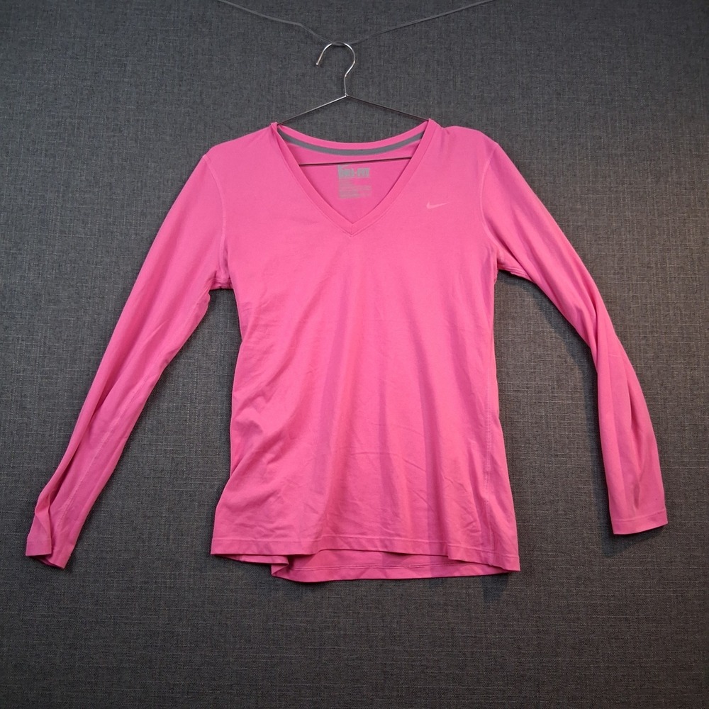Nike Dri-FIT Women Pink Long Sleeve V-Neck Training Shirt Regular Fit Active Top